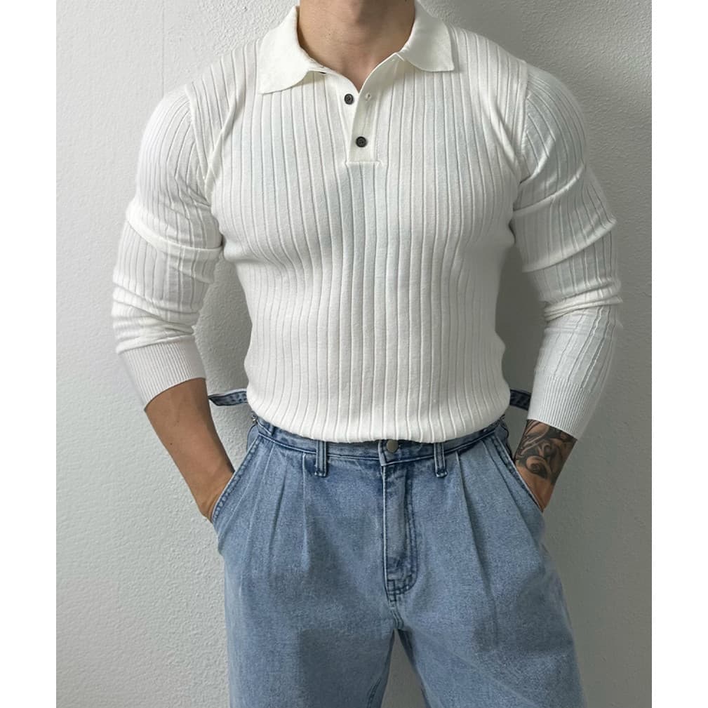 Camisa polo americana resistente de malha muscular masculina Pit Stripes Slim-fit suéter de manga comprida estilo fino i