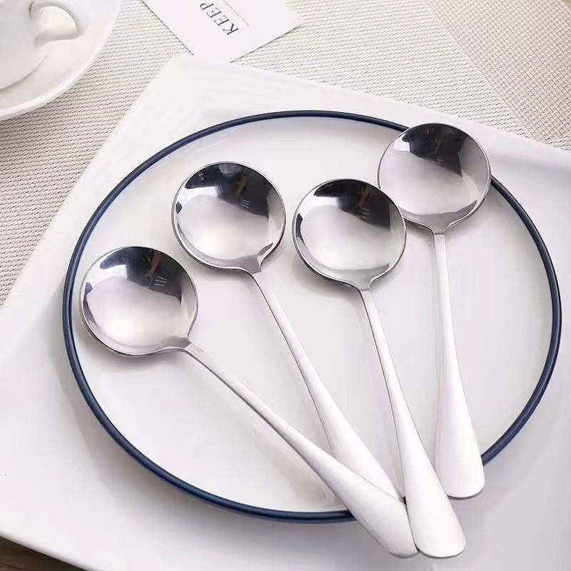[Pacote de colher redonda prateada com 5] Colher de comida ocidental Colher grande espessada de aço inoxidável de alta q
