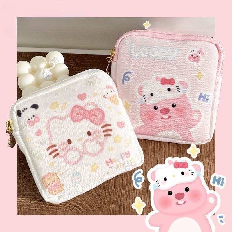 Linda bolsa de almofada absorvente Hello Kitty com dois castores fofinhos de desenho animado, bolsa de armazenamento p