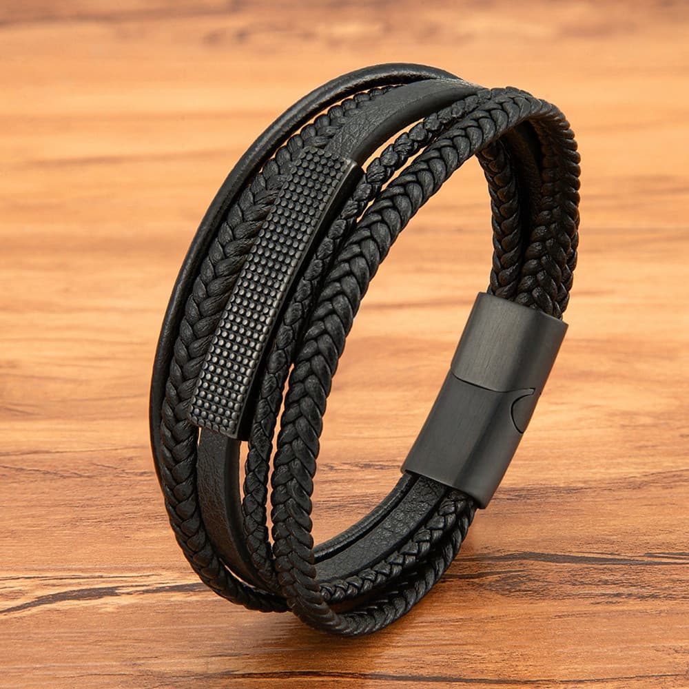 Pulseira De Aço Inoxidável De Couro Preto Trançado Multicamadas Para Homens Pulseiras Joias
