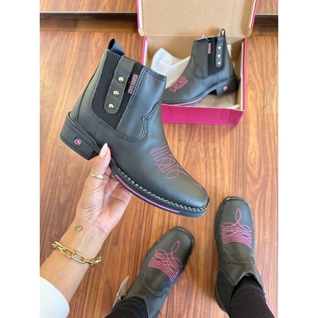 Botina Cris Sousa Bota Feminina Texana Country  Bico Quadrado Em Sintético Envio Imediato