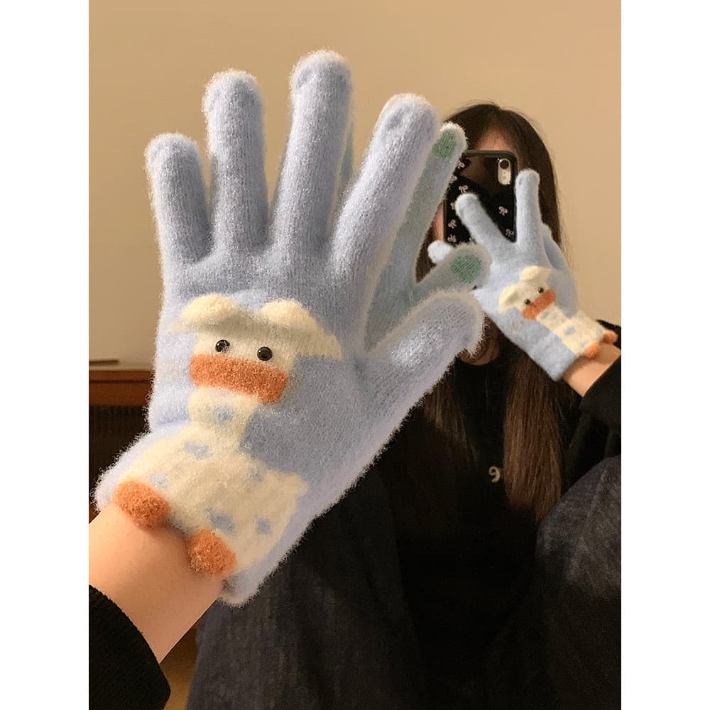 Bonito girafa tela de toque de pelúcia malha luvas de cinco dedos feminino inverno calor pelúcia engrossado estudante ci