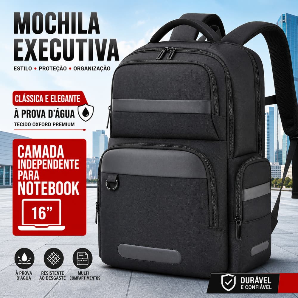 Mochila de Trabalho Ergonômica, Resistente à Água, Bolsos Diversos e Compartimento Ideal para Notebook 16 polegadas