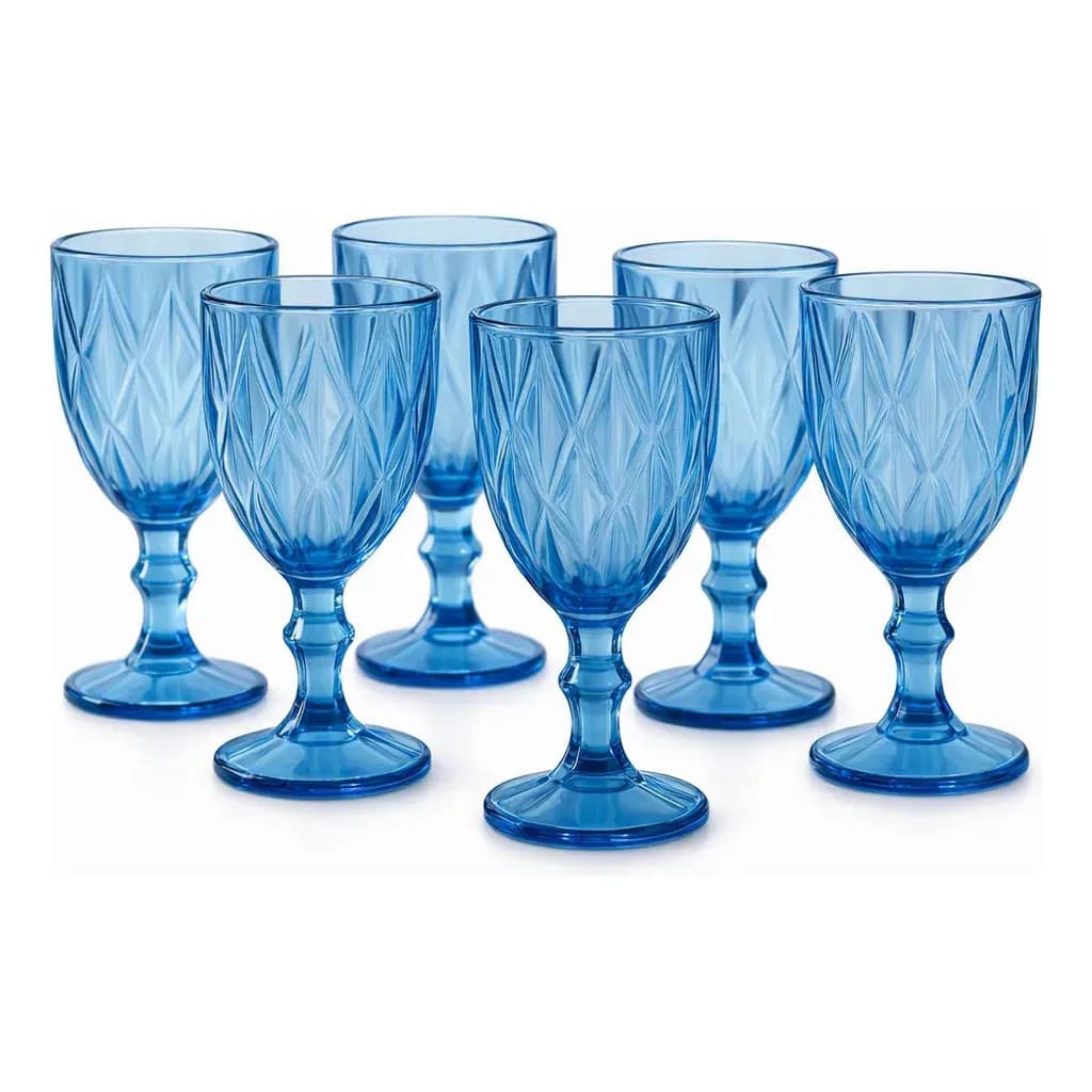 Jogo 6 Taças Diamante Azul Copo Vidro Grosso Resistente 300ml Água Suco Drink Mesa Posta Cozinha Bar
