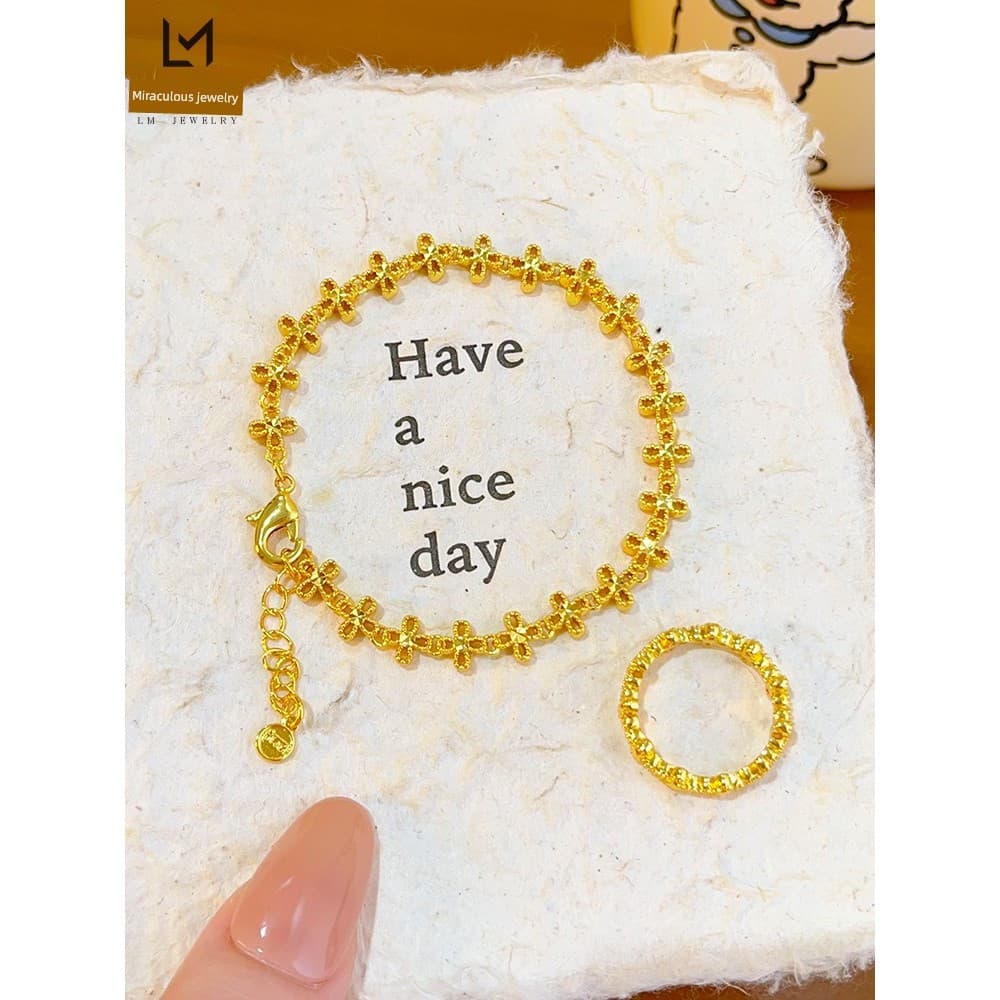 pulseira pulseira feminina Areia ouro 999 renda oca pequena flor trevo de quatro folhas pulseira trevo anel luz luxo sim