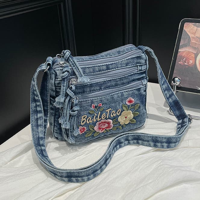 Bolsa pequena jeans bordada, bolsa de lona Casual, bolsa de ombro com vários compartimentos