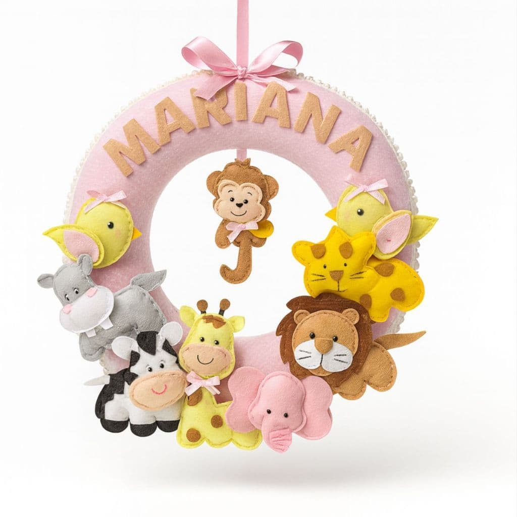 Guirlanda de Feltro Safári Rosa Personalizada Nome Bebê Porta Maternidade Decoração Quarto Infantil