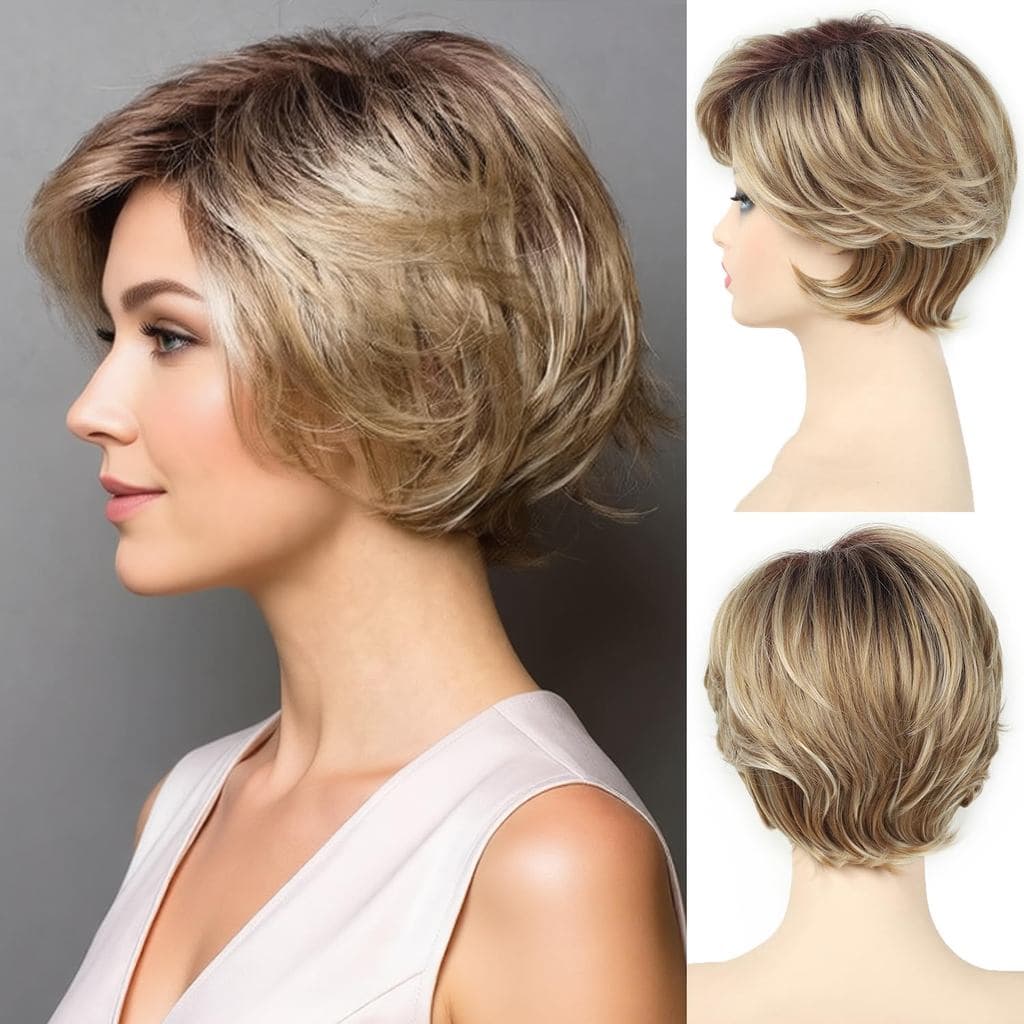 Perucas Curtas Loiras SEVENCOLORS para Mulheres Brancas, Peruca em Camadas com Corte Pixie Ondulado e Franja, Cabelo Sin