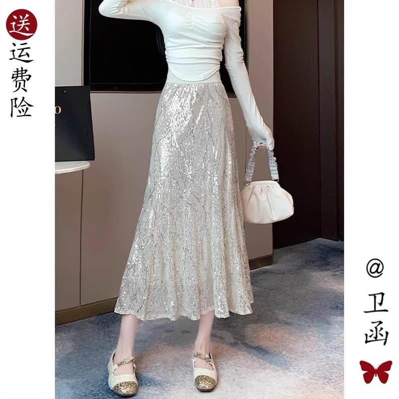 Xiaoxiang estilo indústria pesada saia de lantejoulas feminina verão comprimento médio cintura alta a linha saia rabo de