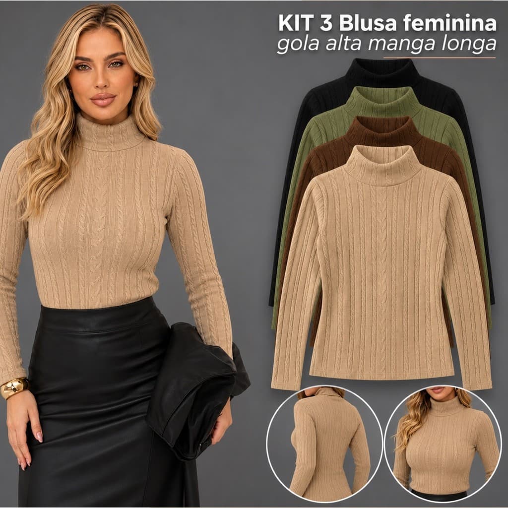 KIT 3 Blusas Feminina Cacharrel Ribanna Premium Gola Alta Manga Longa Social Segunda Pele Básica Para Inverno Frio