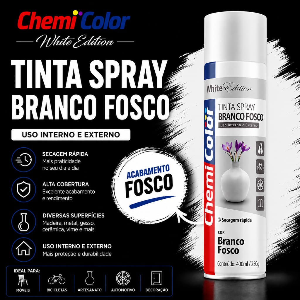 Tinta Spray Alta Temperatura Branco Fosco 600°C Chemicolor Uso Externo para Escapamento Motor Churrasqueira