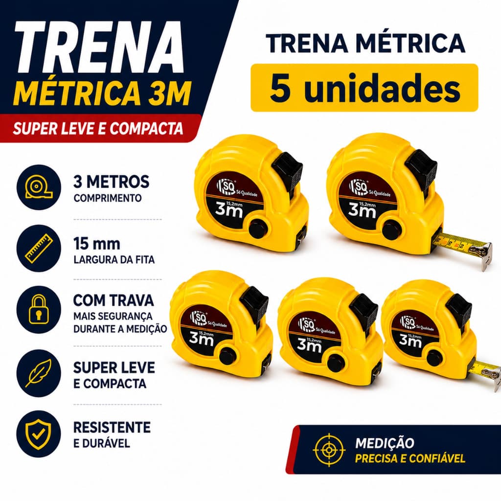 Kit 5 Trenas Métricas 3 Metros 15mm Com Trava Profissional