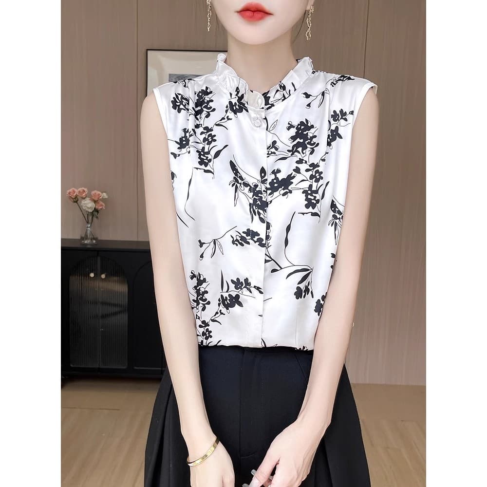 Verão novo estilo estilo chinês impresso acetato cetim camisola feminina roupa interior de seda sem mangas camisa solta