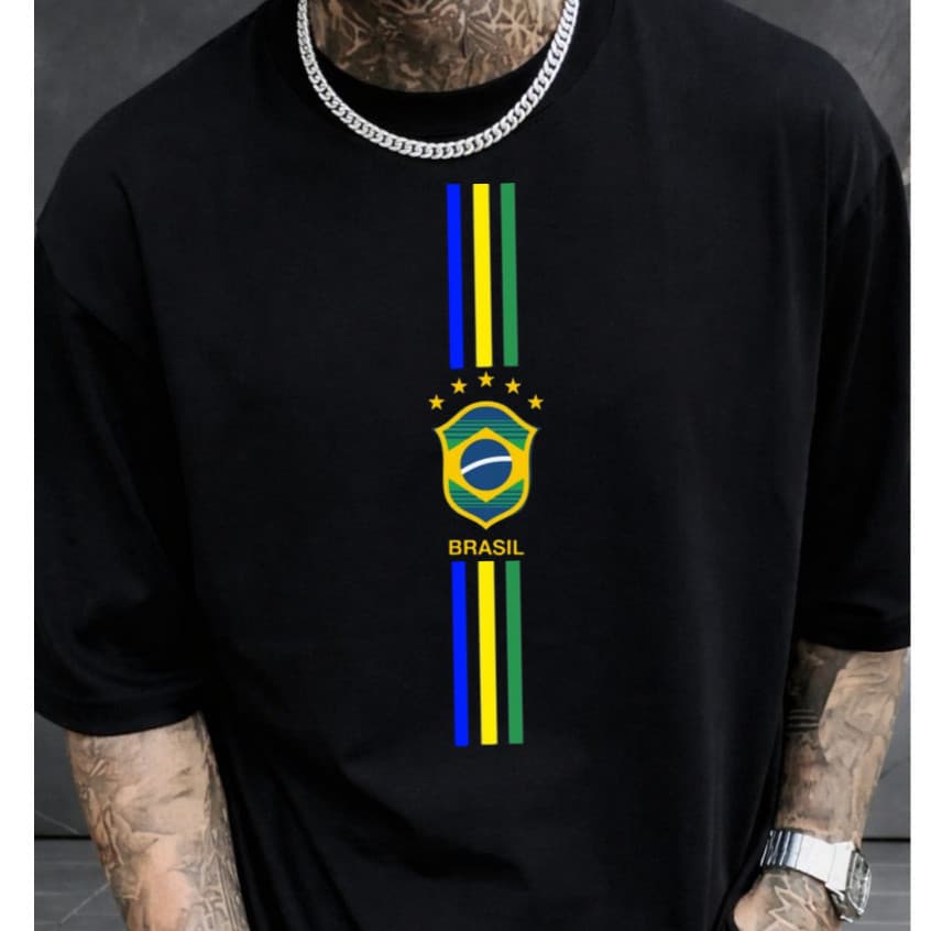 Camiseta Masculina Brasil Algodão Preta Camisa Futebol Torcida Copa do Mundo Envio Rapido