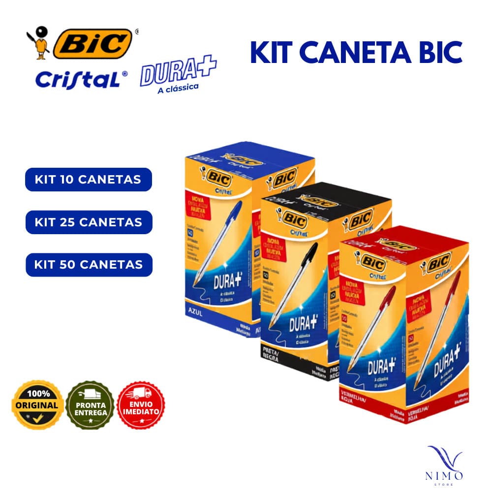 Canetas Esferográficas BIC Cristal Clássica Ponta Média 1.0mm - Azul/Preta/Vermelha - Kits 10/25/50