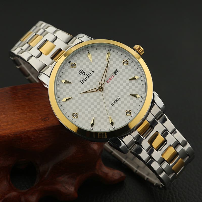 Calendário duplo sala ouro novo estilo relógio masculino Casual banda de aço casal relógio moda quartzo senhoras relógio