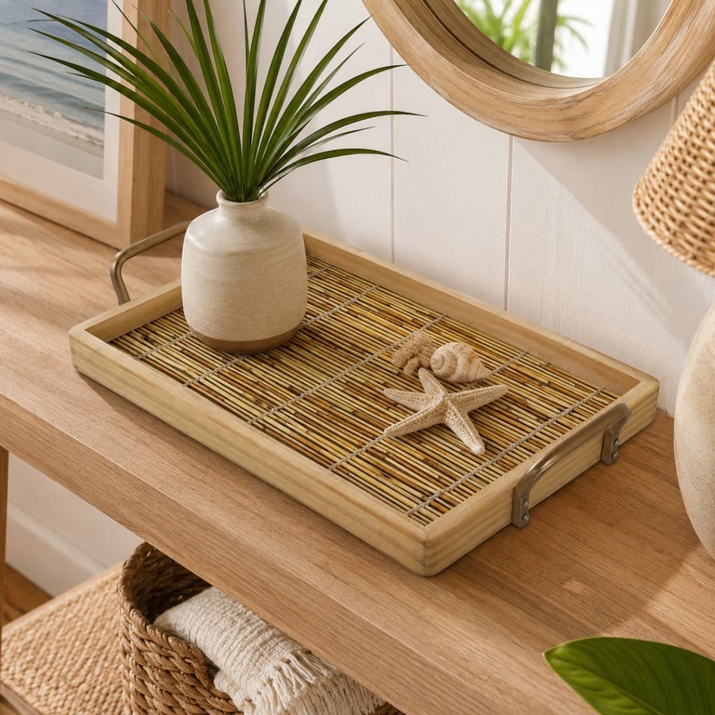 Bandeja Retangular Madeira Bege com Alças Douradas Decoração 40cm