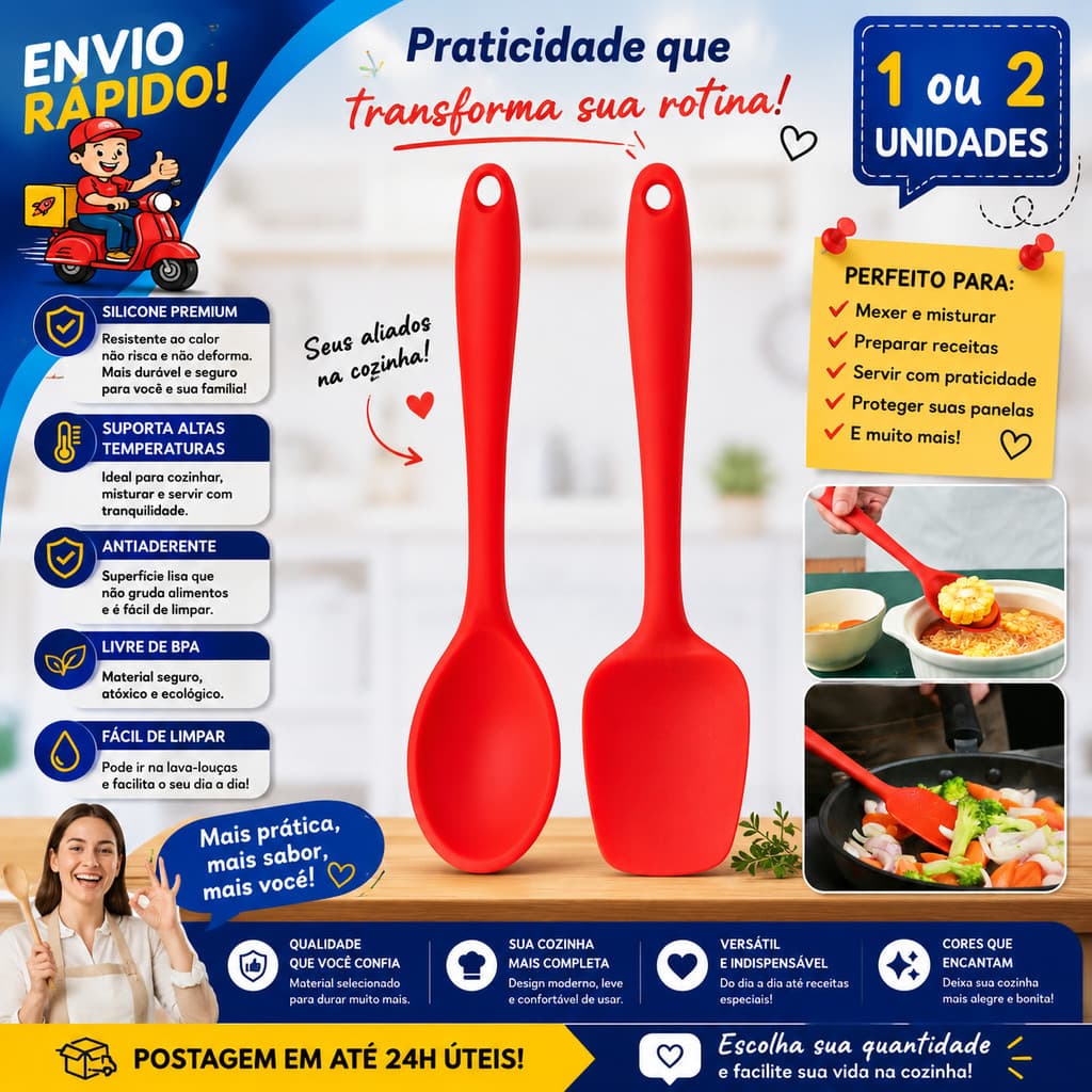 Kit Colher de Silicone e Espátula Reta Qualidade e Versatilidade na Cozinha Resistente e Antirrisco