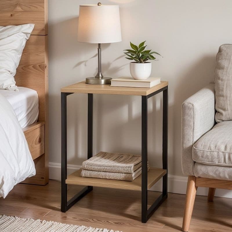 Mesa de Cabeceira de Decoração Moderna Ferro e Madeira Pinus