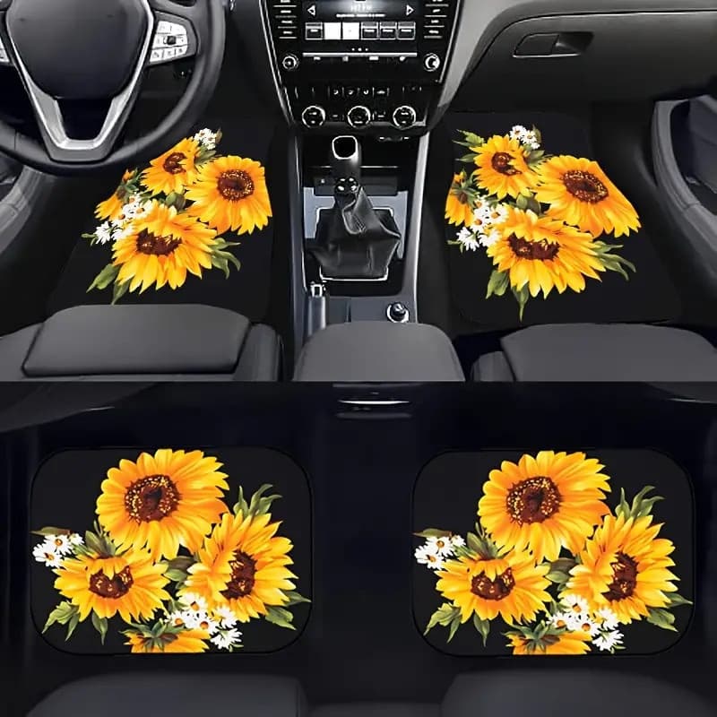 Conjunto de 4 peças de tapetes de carro, com padrões de girassol, tapetes antiincrustantes antiderrapantes, adequados pa