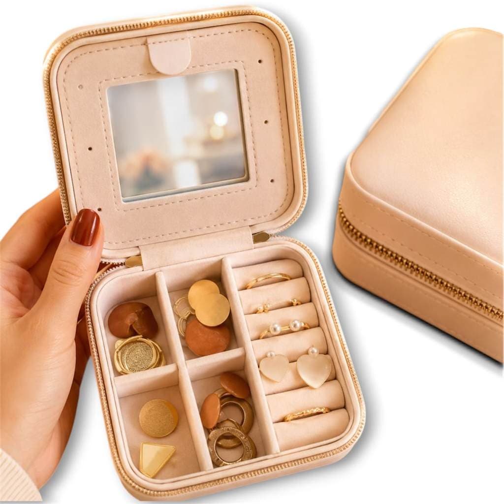 Estojo Porta Joias Portátil de Viagem Caixa de Joias com Espelho Divisórias Anéis Colares Pulseiras Feminino Veludo