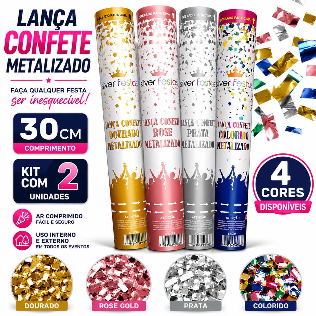 KIT 2 LANCA CONFETES 30cm METALIZADO COLORIDO PRATA DOURADO