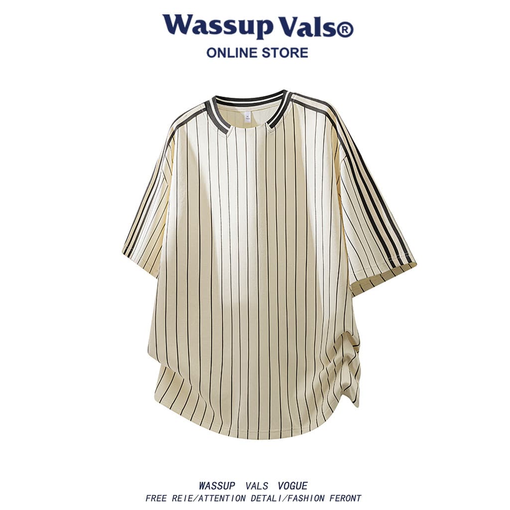 WASSUP VALS American Retro Listrado Contraste Cor Camiseta de Manga Curta Masculina Solta Casual Street Wear Top