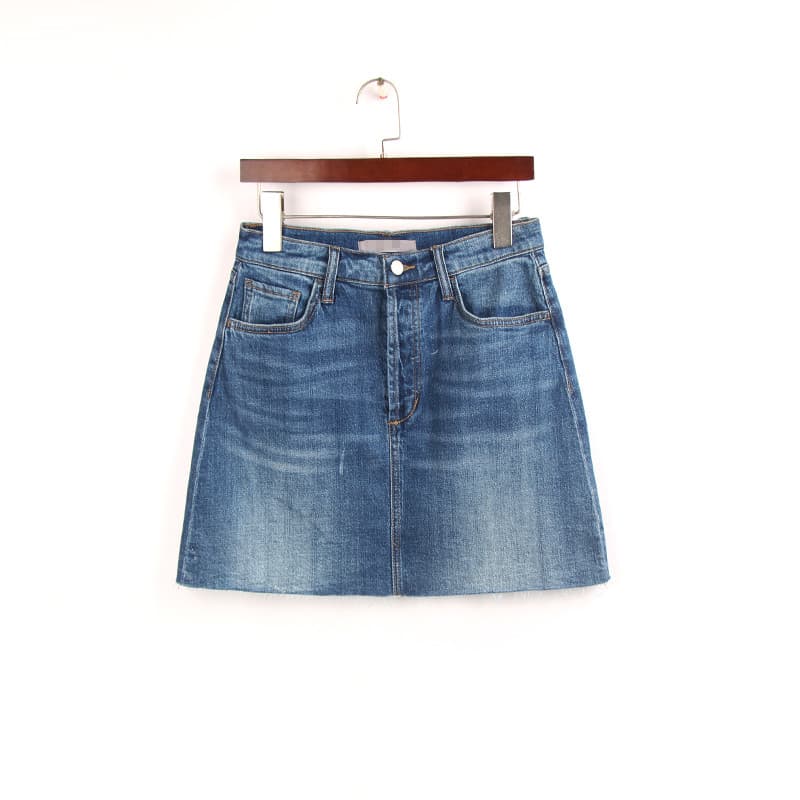Verão novo estilo azul escuro borda crua Denim saia curta feminina ordem estrangeira tamanho grande estiramento pequeno