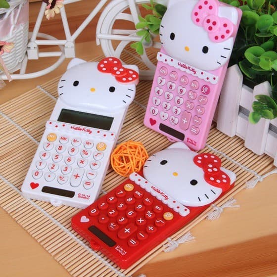 Mini calculadora fofa da Hello Kitty, desenho animado do gato KT, portátil com capa deslizante, ferramenta para material