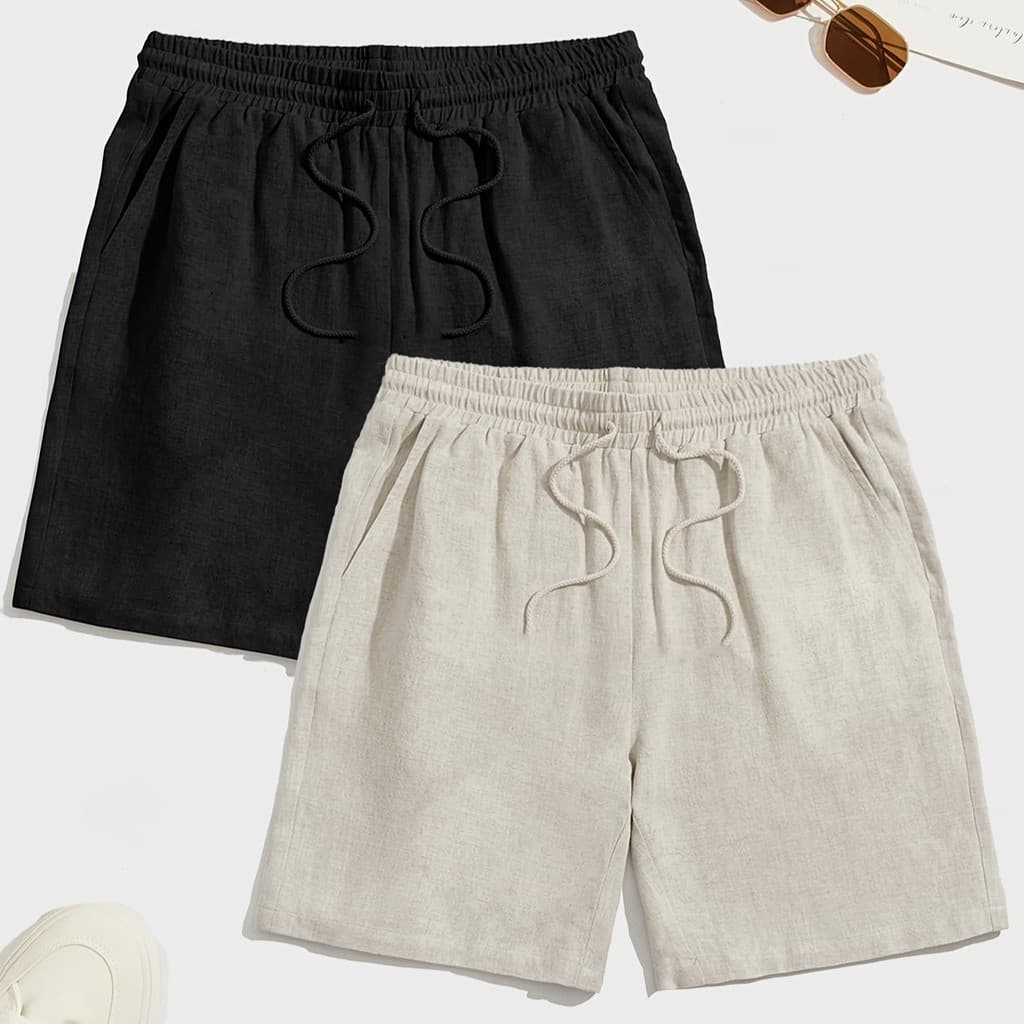 Um conjunto de dois shorts de LINHO cintura solta com cordão para homens, estilo tropical boémio