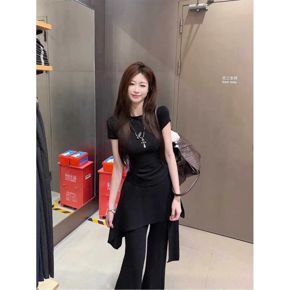 Cintura estreita mais magro olhar Irregular nicho de manga curta camiseta esfregando calças casuais femininas 2026 verão