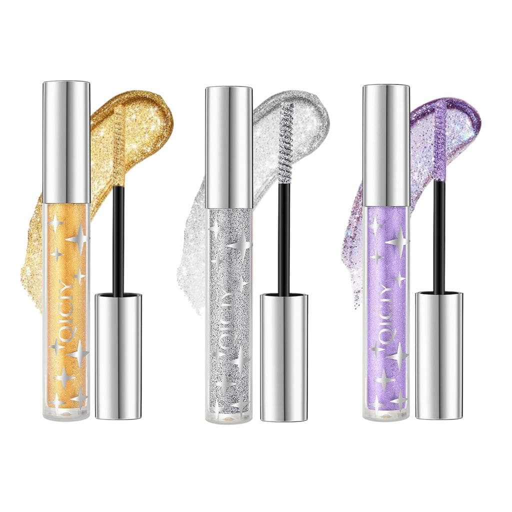 Máscara de Cílios com Glitter, Kit com 3 Cores (Prata, Dourada e Roxa), Máscara Volumizadora e Alongadora com Brilho, Br