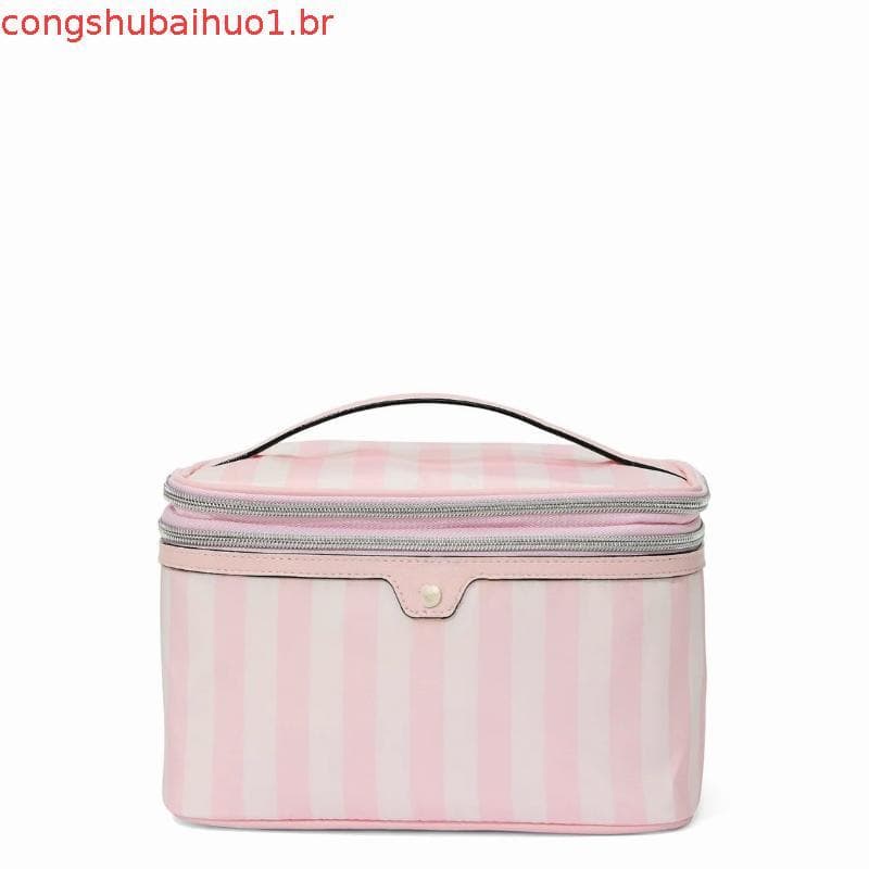 Bolsa de Maquiagem de Viagem Grande e Impermeável de Dupla Camada, Estojo Cosmético Estético de Nylon Listrado, Bolsa de