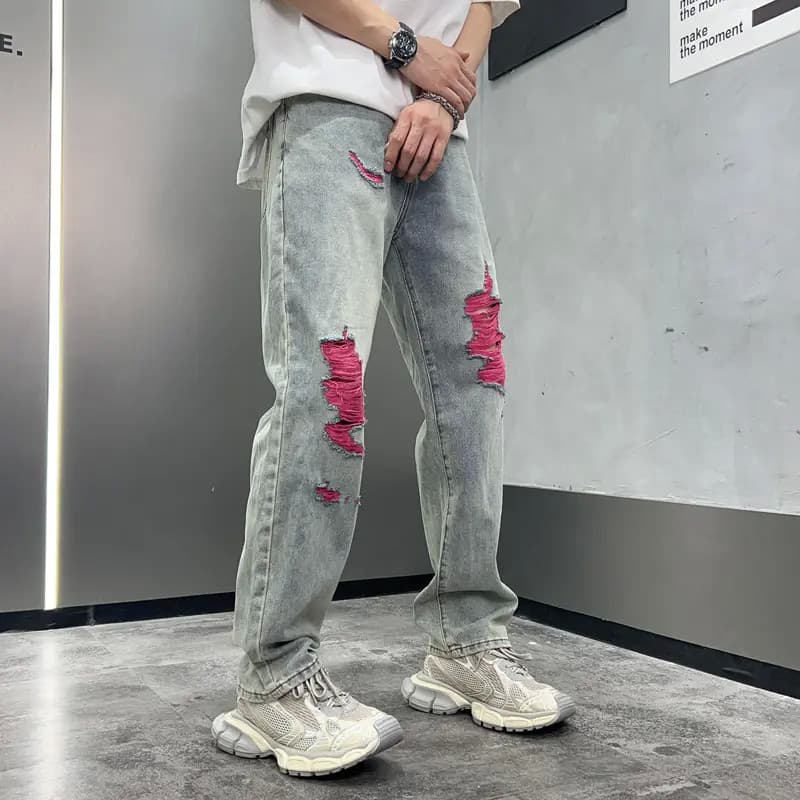 Americano verão na moda Retro Street Wear novos Jeans rasgados masculino único na moda solto em linha reta calças casuai