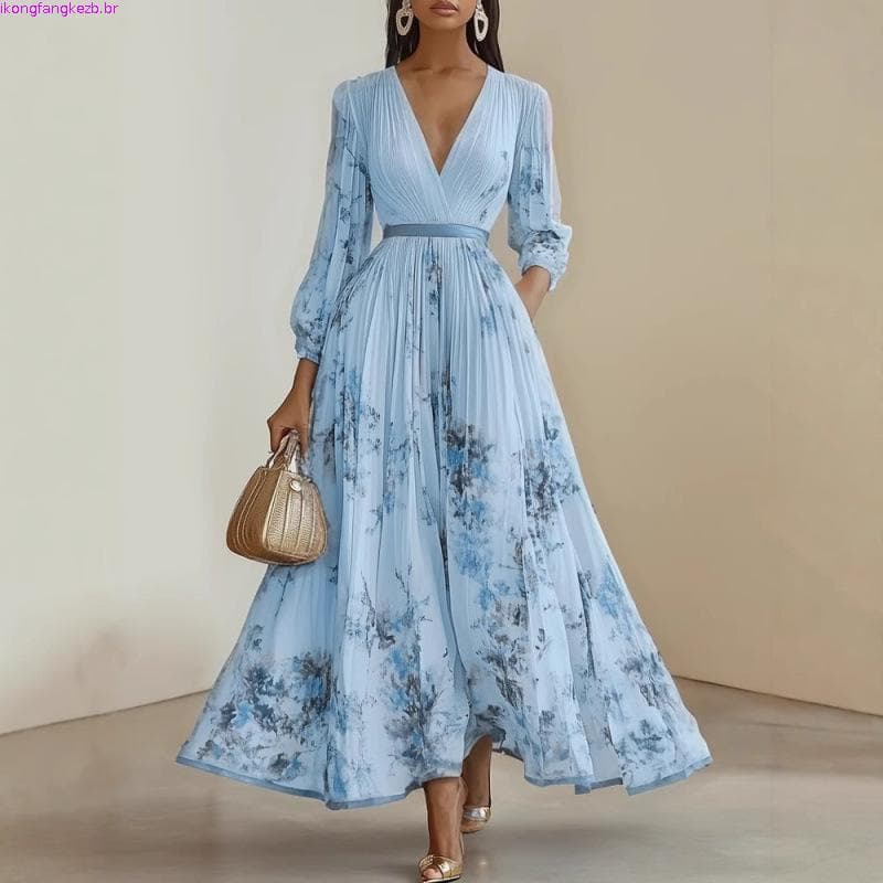 2026 Vestido Maxi Floral Feminino Casual Com Decote Em V Vestidos De Manga Comprida Para Festa De Véspera De Ano Novo