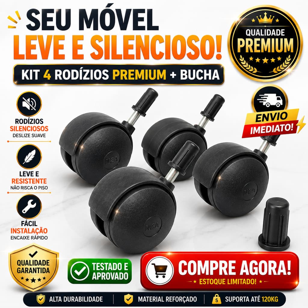 Rodízio Giratório 40mm Pino 6mm Premium – Silencioso, Resistente e Fácil Instalação
