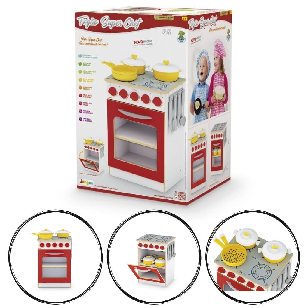 Fogão De Cozinha Brinquedo Infantil Rosa De Madeira Vermelho
