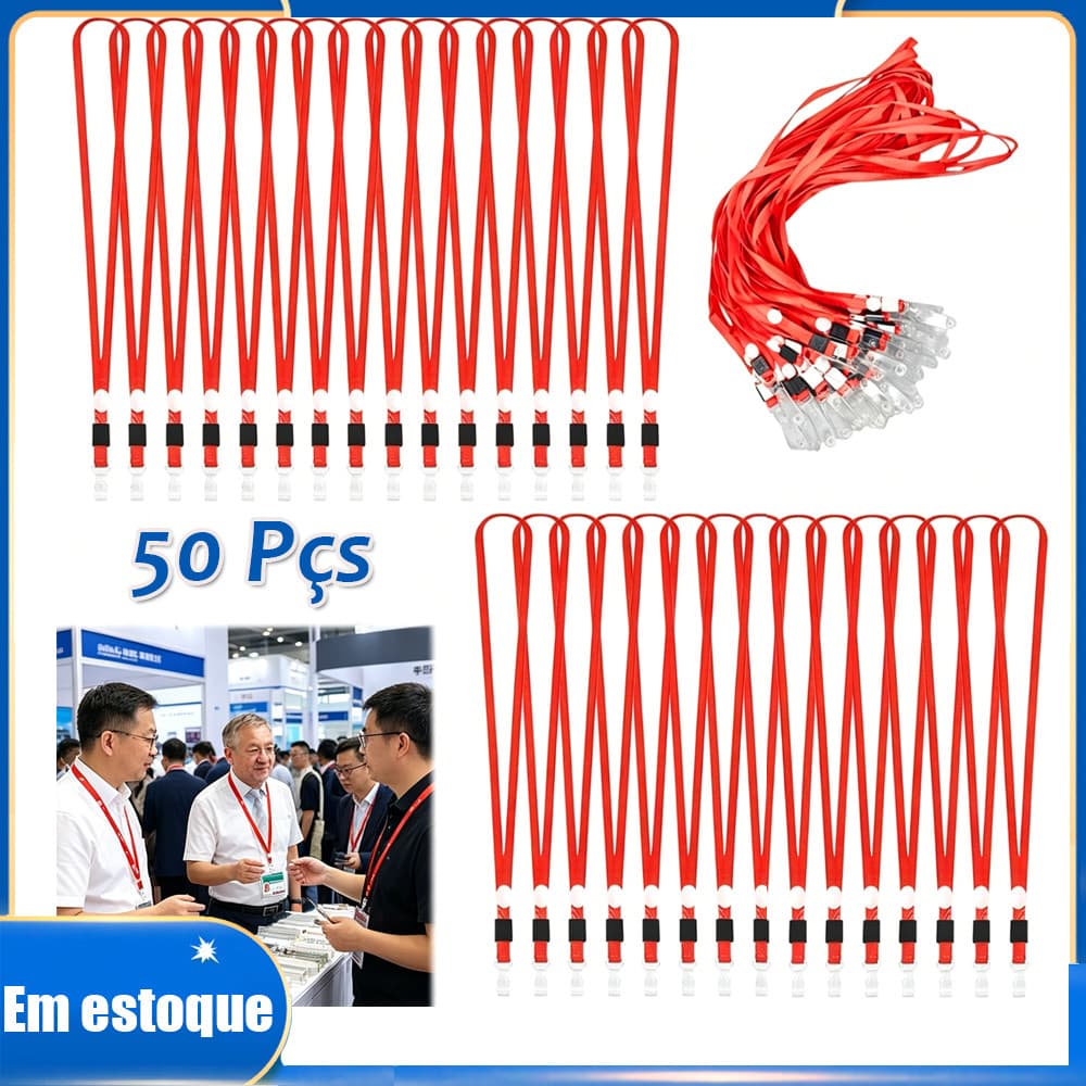 50pçs cordões para crachás de identificação cordão para crachás de identificação de escritório chaveiros Vermelho