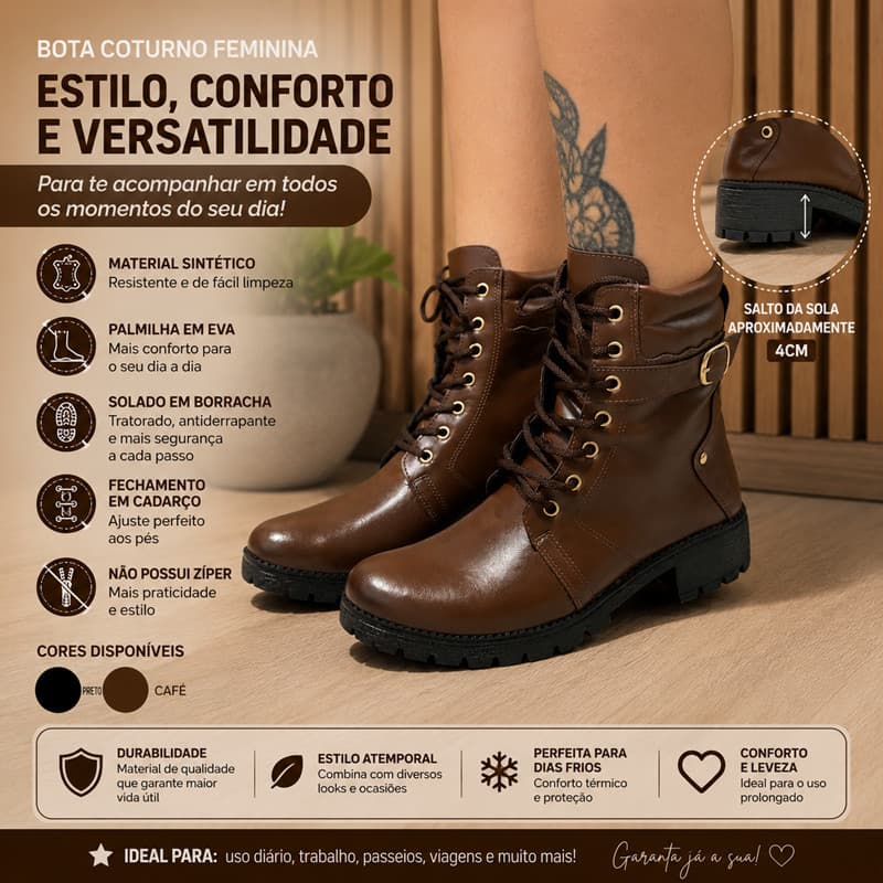 Bota Tratorada Coturno Feminina Cano Curto Casual Confortável Solado Alto Moda Estilo Militar Cadarço Feminina Dia a Dia