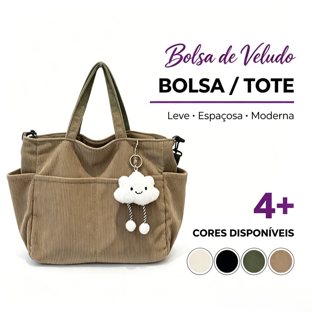Bolsa Tote de Corduroy com Pingente de Nuvem, Grande Capacidade para Trabalho e Uso Diário