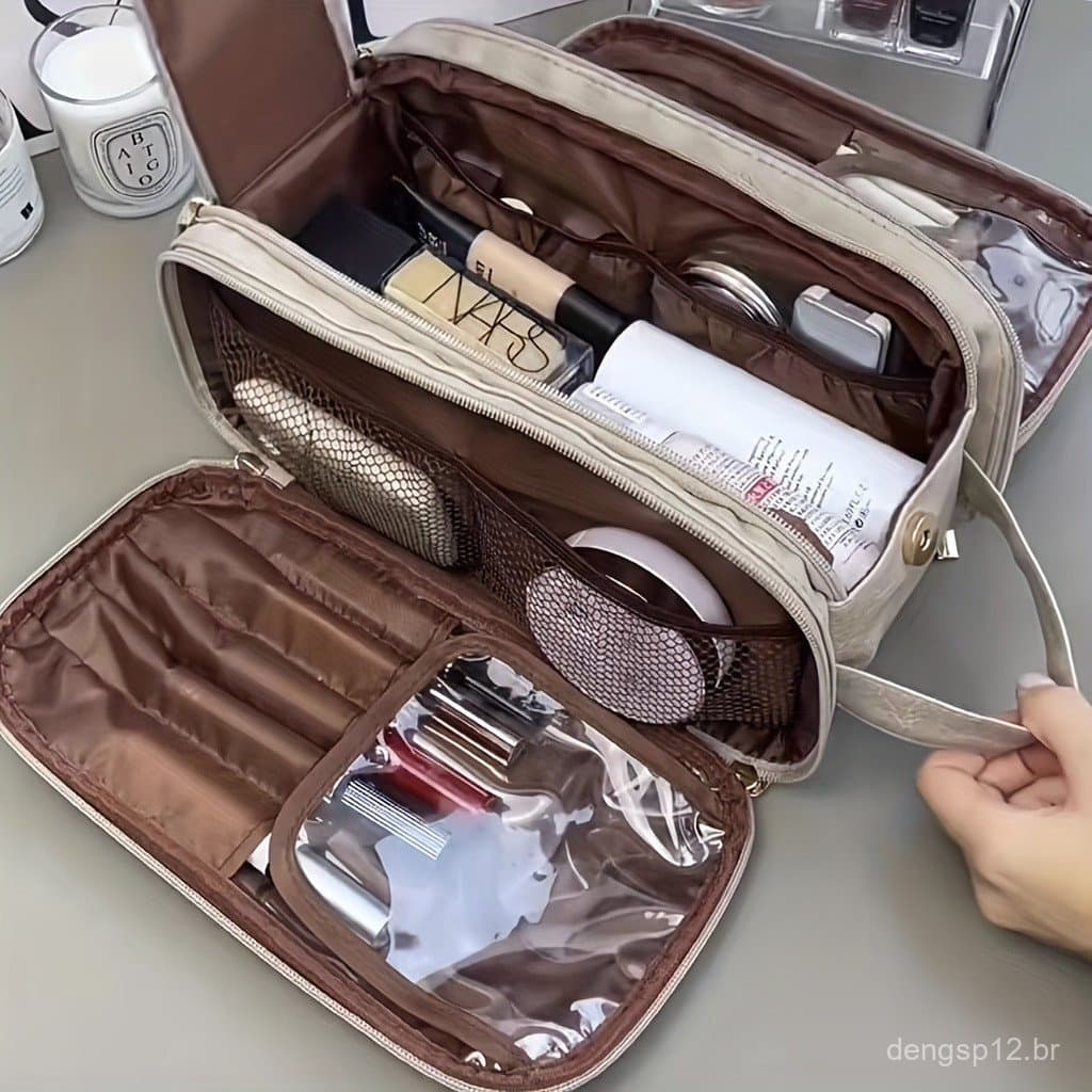 Bolsa de maquiagem feminina com abertura em formato de U de grande capacidade, bolsa de viagem multifuncional portátil.
