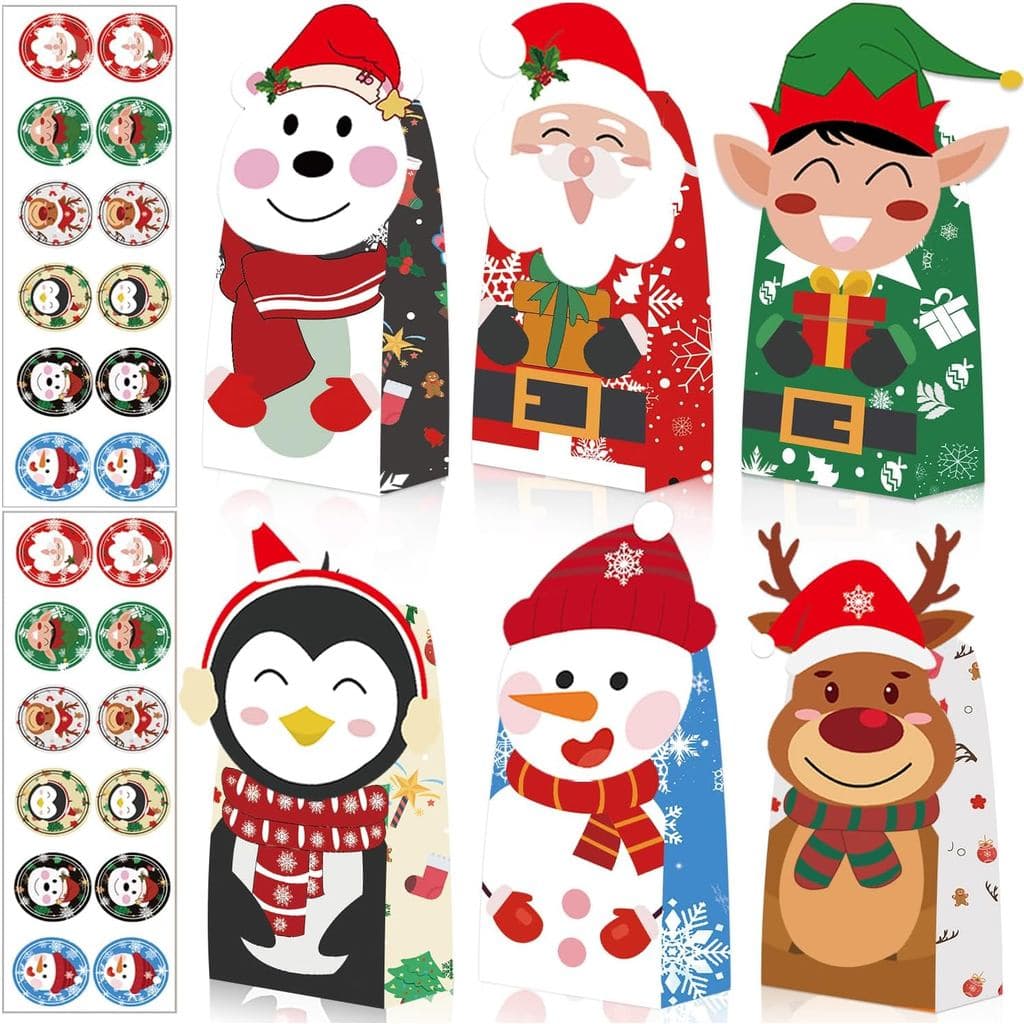 ZQDQIUQIU Sacolas de Presente de Natal, Sacolas de Presente de Natal com 24 Adesivos, Sacolas de Papel para Doces de Nat