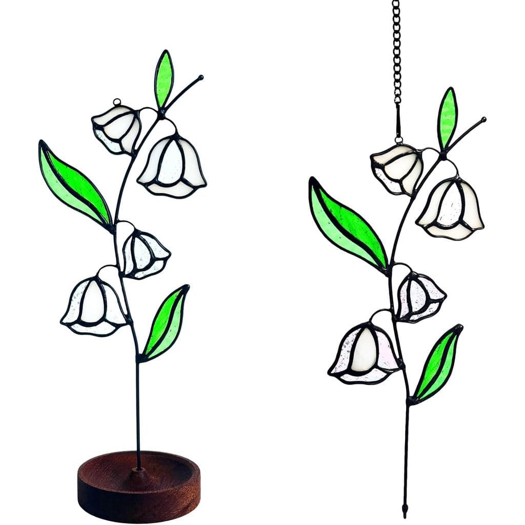Lírio-do-vale Artificial em Vidro Manchado, Flor do Mês de Maio, com Base de Madeira, Adequado para Decoração de Mesa. F