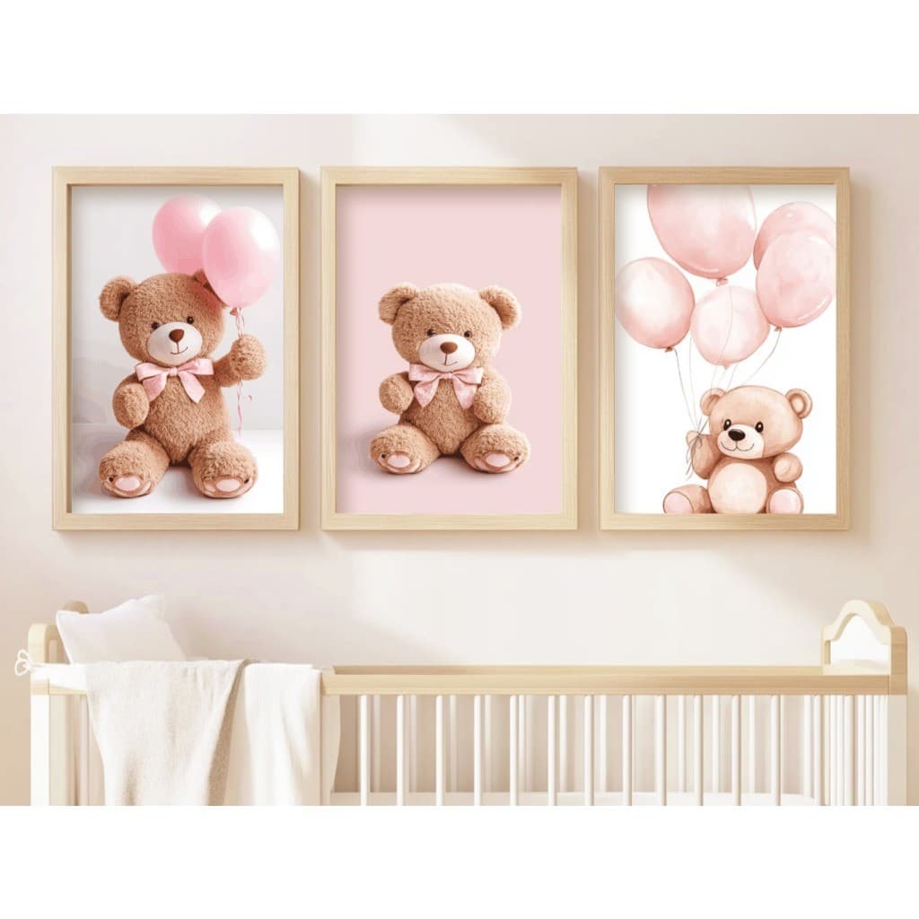 Kit 3 Quadros Decorativos Quarto Infantil ursinho Menina Feminino Decoração Bebe Parede