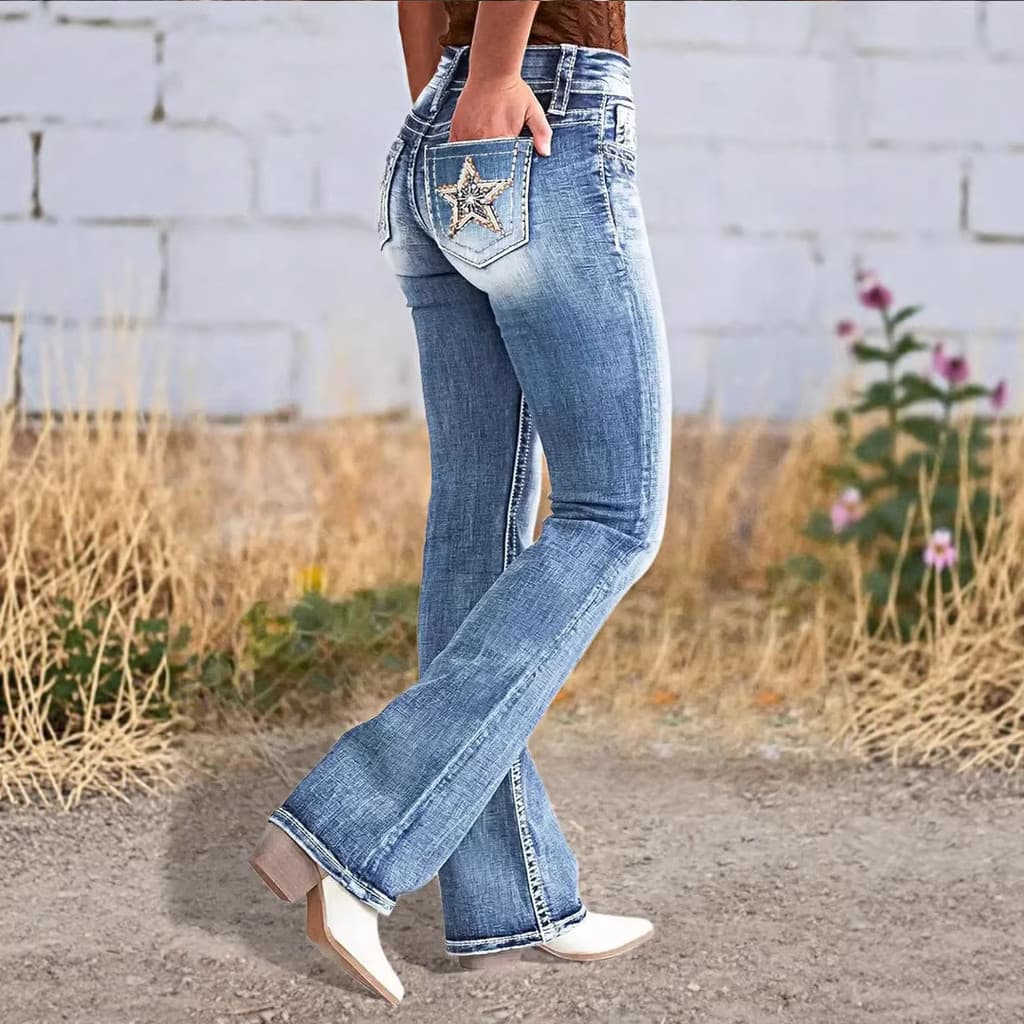 Europeu americano senhoras Jeans moda tendência magro-ajuste elegante bordado calças largas calças transfronteiriças