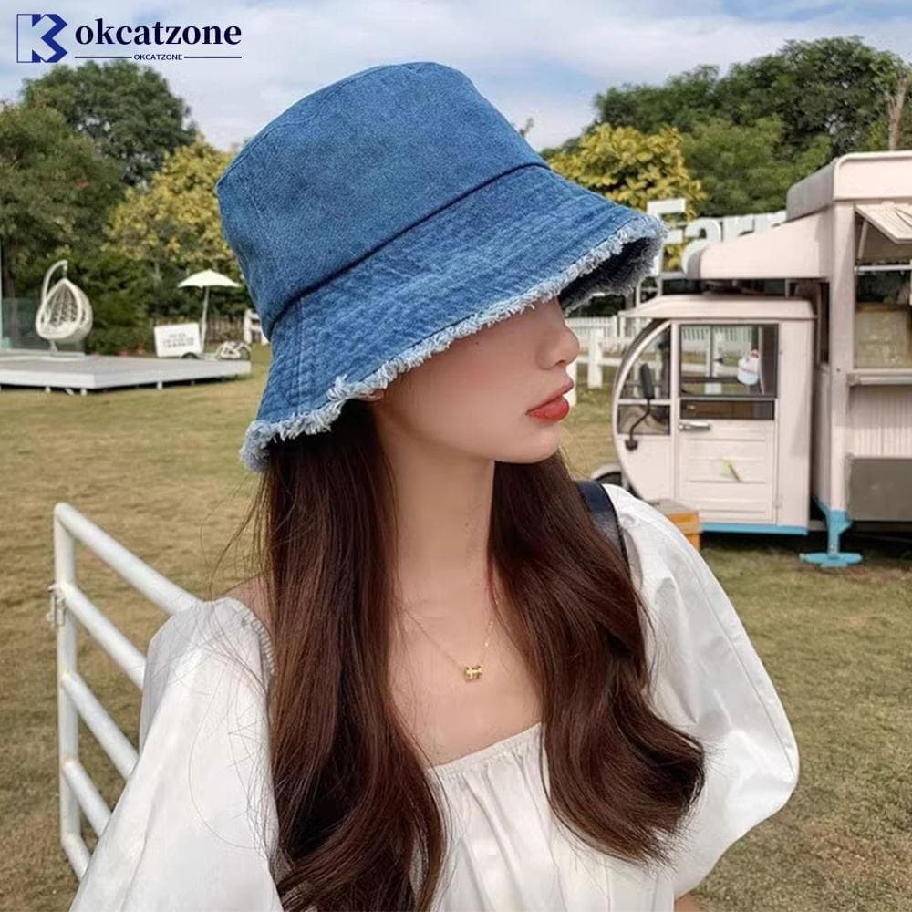 OKCATZONE Feminino Verão Respirável Denim Balde Chapéu Proteção UV De Sol Casual Moda Pescador Boné Para Praia Férias Ao