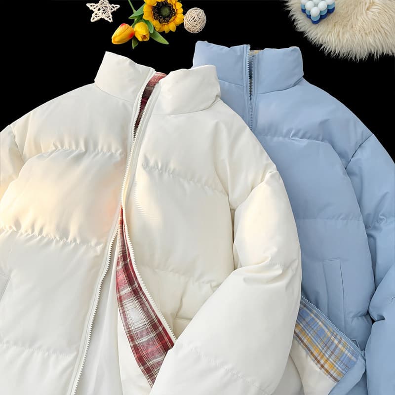 2025 outono inverno novo estilo contraste cor xadrez gola alta Casual algodão acolchoado jaqueta masculina inverno gross