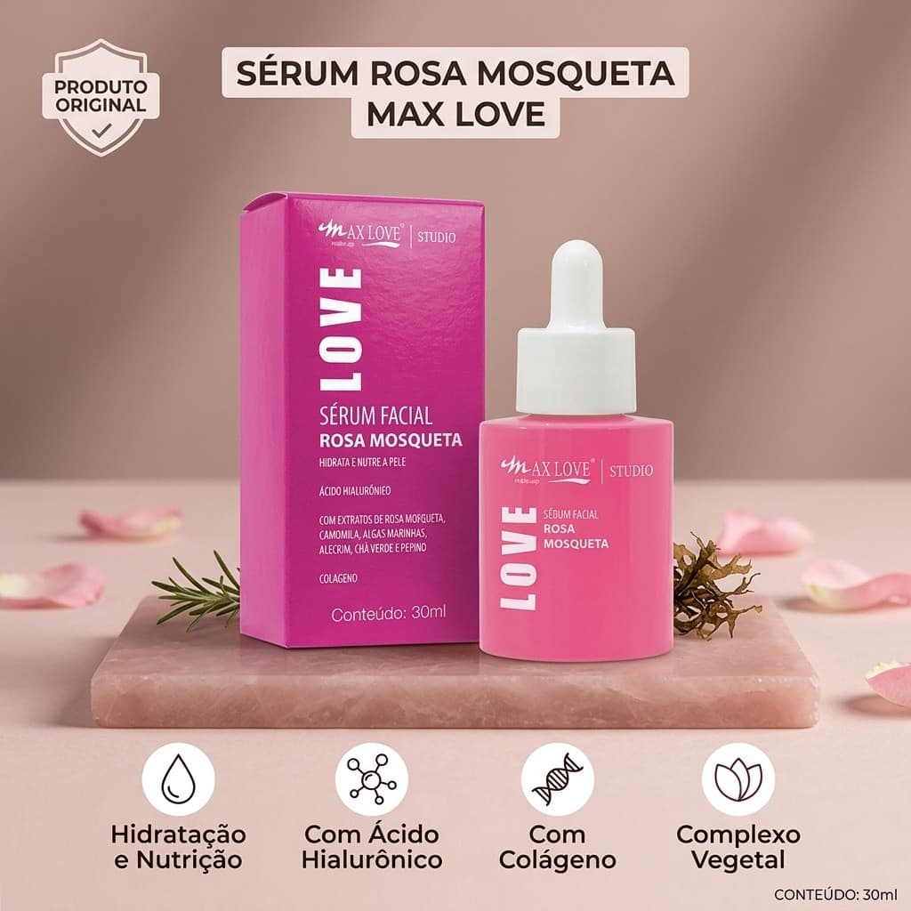 Sérum Facial Max Love Rosa Mosqueta 30ml Ácido Hialurônico Kit 1/2/3/4/5 Unidades