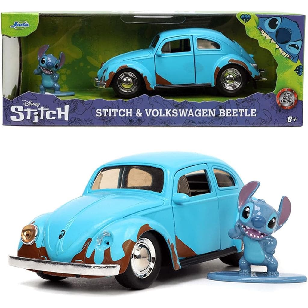 VW Beetle Fusca 1/32 Miniatura Disney Lilo e Stitch Abre Portas com Boneco Metal Stitch