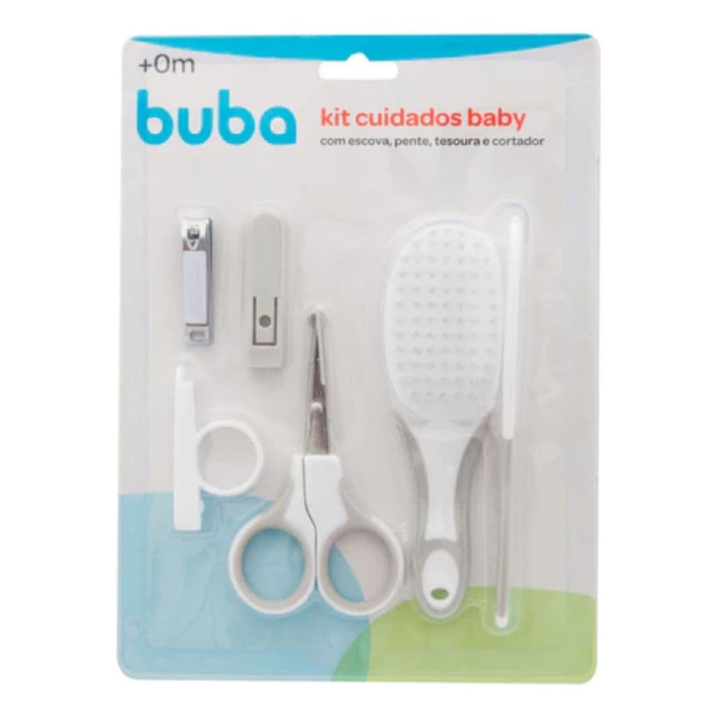 Kit Cuidados e Higiene Bebê Buba com Escova Pente Tesoura Cortador de Unha Branco